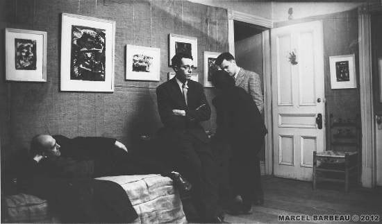 Borduas and members of his proup at the Second Automatist exhibition opening at the Gauvreau’s. From left to right: Paul-Émile Borduas, Marcel Barbeau, Madeleine Arbour and Claude Gauvreau. Photo Fonds Maurice Perron du Musée national des Beaux-arts du Québec, K kindly authorirized by Line-Sylvie Perron. Copyright © Carmen Perron.