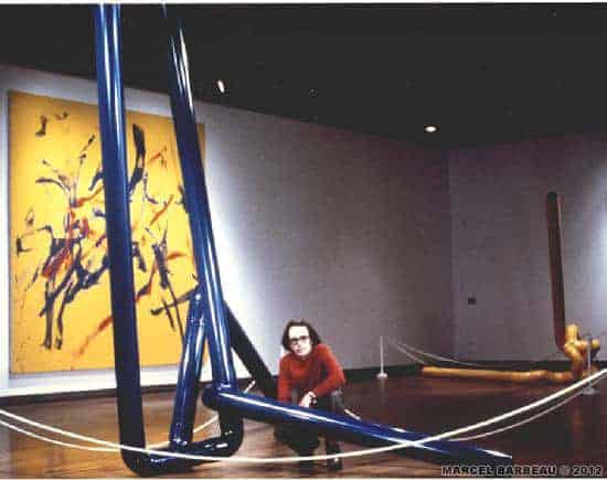 On the left side, " Suite sonore", a performance painting inspired by Vincent Dionne music (spring 1975). The sculptures are part of the "Pipes Dreams" series (1973 -1974). Photo Yvan Boulerice for Marcel Barbeau. ©Yvan Boulerice.