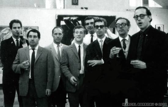 Guest artists at Fairleigh-Dickenson University Art Op Seminar-1965. Fro left to right: Luis Carmintzer (Germany), Hans Breder (Germany), Arnold Schmidt (USA), Cornelius Rijk Van Ravens (Nederland), Tosun Bayrak (Turky), Jean-Pierre Yvaral (France), Marcel Barbeau (Canada), Francis Celentino (USA). Frederico Garcia Rossi (Argentine) et Wojciech Fangor (Pologne) are missing on this photograph.