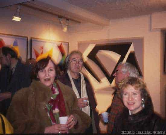 Opening for Marcel Barbeau and Philippe Scrives twin exhibitions organised by Tour Université François Rabelais cultural Services within the framework of Mois du Québec. From left to right: Françoise Scrive, the sculptor Philippe Scrive et Ninon Gauthier, représenting Marcel Barbeau. We are grateful to the Université François Rabelais cultural services to have provided us with this photography, authorizing its reproduction. © ADAGP-Paris pour Marcel Barbeau (paintings).