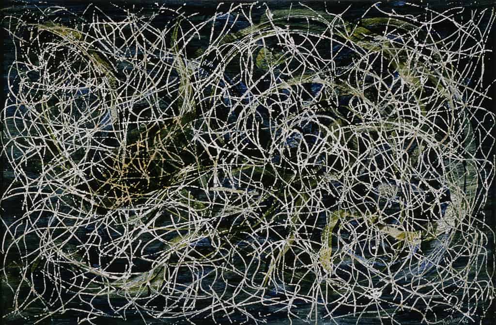 Author :Etchevery, Robert Date : pas de date Marcel Barbeau, "Rosier feuilles", oil on board, 1946. A painting in the exhibition "The Automatiste Revolution: Montreal 1941-1960".
