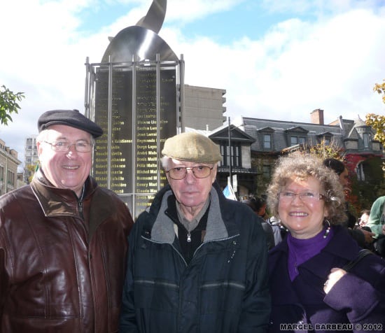 Marcel Barbeau at the unveiling of his sculpture liberty Author :Etchevery, Robert Date : 16/10/2010 From left to right : Jacques Martin, art collector, Marcel Barbeau and his wife Ninon Gauthier.