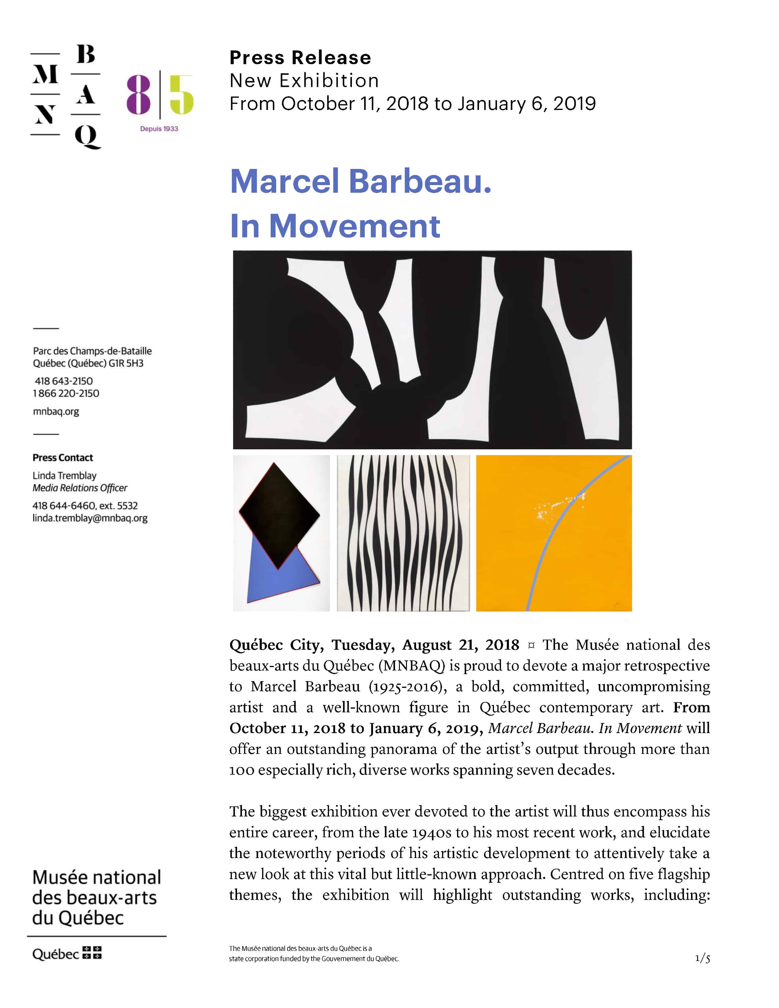 Major exhibition, the most important ever done on Marcel Barbeau at the National Museum of Fine Arts of Quebec from October 11th